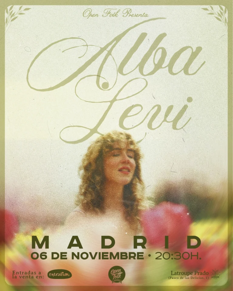 cartel del concierto De Alba Levi el viernes 6 de noviembre a las 20:30 en latroupe prado, Madrid. organizado por open folk